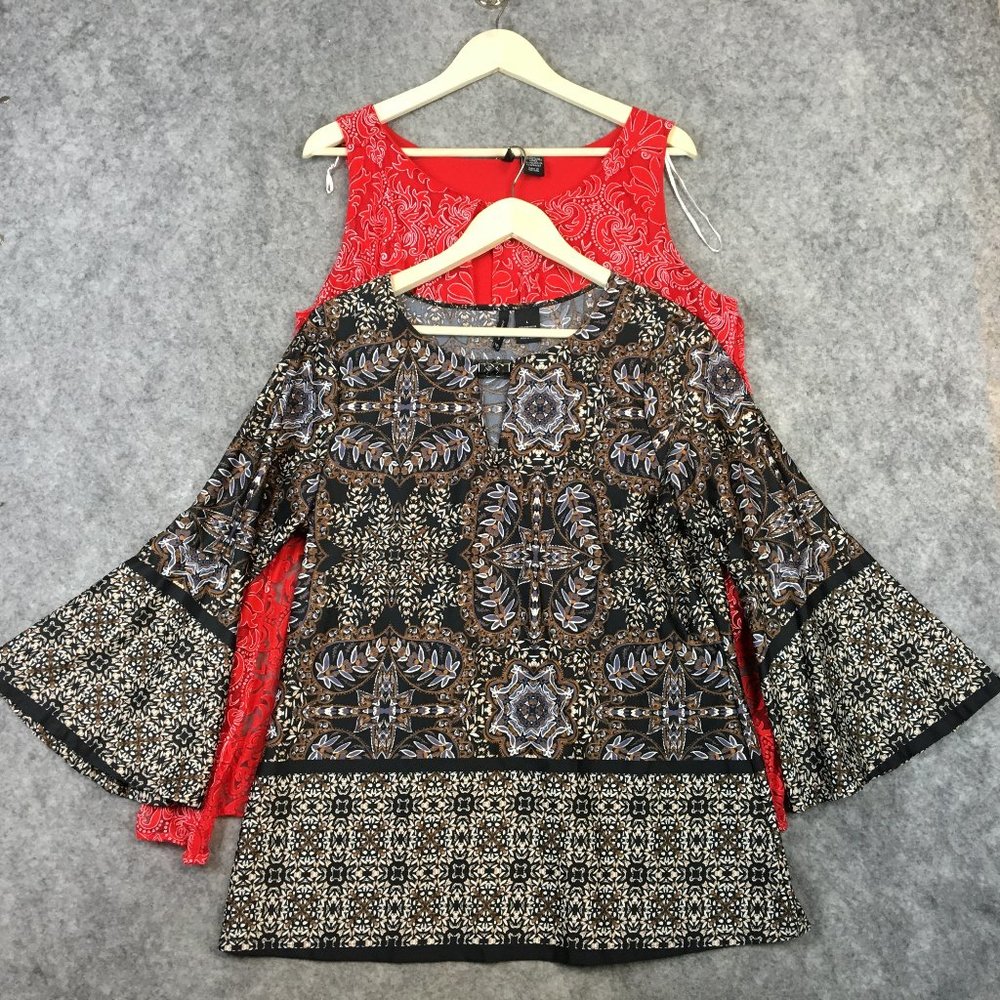 New Directions Top Lot of 2 L Bundle Career Casual Tunic Bell Sleeve Boho Print